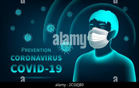 Coronavirus-Schutzbanner. Konzeptioneller Plakatmann in einer schützenden medizinischen Maske mit abstraktem Schutz. Helle Neon-Illustration auf einem dunklen Backgro Stock Vektor