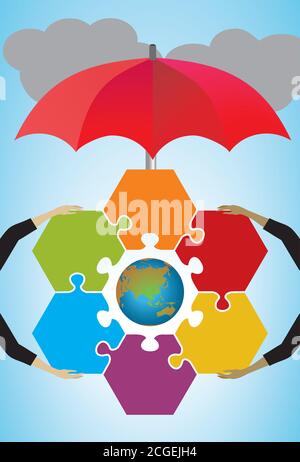 Hände halten Puzzle-Stücke togheter, Globus in der Mitte, Regenschirm schützt vor schlechtem Wetter. Vektorgrafik. EPS10. Stock Vektor
