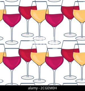 Glas mit rotem und weißem Wein. Vektor nahtloses Muster. Handgezeichnete Illustrationen aus Weinglas isoliert auf dem Boden. Stock Vektor