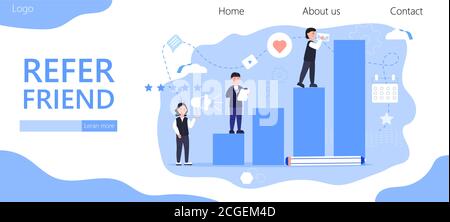 Vektorgrafik für referales Programm. Empfehlen Sie einen Freund Illustration des Appeal Konzept, Frau laut schreien auf Megaphon mit empfehlen einen Freund Wort Stock Vektor
