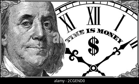 Benjamin Franklin Porträt mit Rahmen auf dem Hintergrund einer Uhr mit dem Zitat "Zeit ist Geld". Vektorzeichnung. Stock Vektor