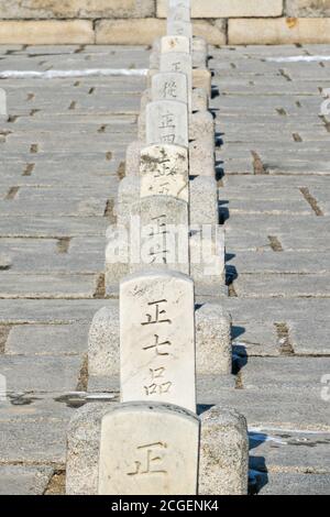 Rang Steine, genannt pumgyeseok Linie der Hof am Geunjeong-jeon oder Throne Hall, am Gyeongbokgung Palast in Seoul, Südkorea. Die Steine markieren, wo königliche Hofbeamte standen nach ihren Reihen während der Zeremonien. Stockfoto