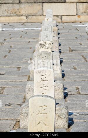 Rang Steine, genannt pumgyeseok Linie der Hof am Geunjeong-jeon oder Throne Hall, am Gyeongbokgung Palast in Seoul, Südkorea. Die Steine markieren, wo königliche Hofbeamte standen nach ihren Reihen während der Zeremonien. Stockfoto