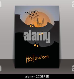Happy Halloween Card Template - Fliegende Fledermäuse über dem Mond Mit leuchtenden Augen Stock Vektor