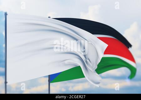 Weiße Flagge auf Fahnenmast, die im Wind schwenkt und Flagge des Südsudan. Nahaufnahme, 3D-Illustration. Stockfoto