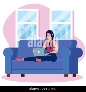 Arbeiten zu Hause, freiberufliche Frau mit Laptop im Sofa, arbeiten von zu Hause in entspannter Geschwindigkeit, bequemer Arbeitsplatz Stock Vektor