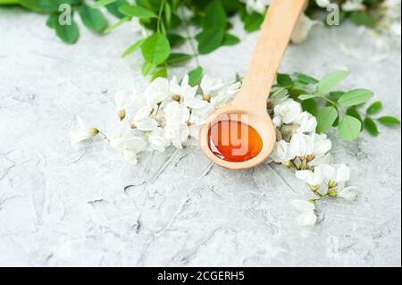 Akazienhonig in einem Holzlöffel mit üppig blühenden weißen Akazienblüten im Hintergrund, analoge Medizin, nützliche Eigenschaften von Pflanzen Stockfoto