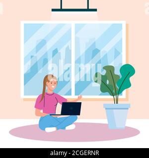 Heimarbeit, freiberufliche junge Frau sitzen im Boden, arbeiten von zu Hause in entspannter Geschwindigkeit, bequeme Arbeitsplatz Stock Vektor