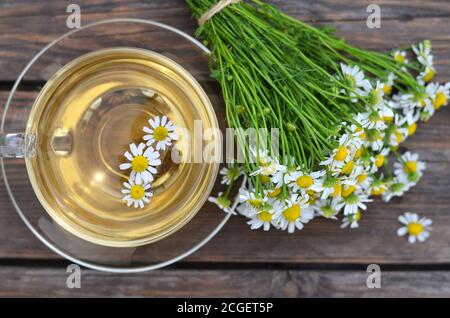 Bouquet von Matricaria Kamilla und Tasse heißen Kamillentee auf einem Holztisch Nahaufnahme, Draufsicht. Kräuterbehandlung. Stockfoto