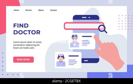 Finden Arzt Finger wählen Arzt Touchscreen Smartphone-Kampagne für Web Website Startseite Startseite Landing Page Template Banner mit modernen flach Stil Stock Vektor