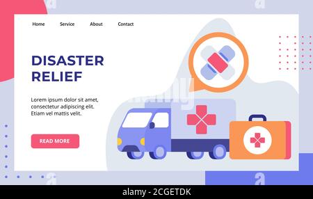 Katastrophenhilfe LKW van tragen medizinische Geräte Kampagne für Web Website Startseite Startseite Landing Page Template Banner mit modernen flach Stil Stock Vektor
