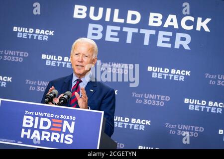 WILMINGTON, PA, USA - 04. September 2020 - der demokratische US-Präsidentschaftskandidat Joe Biden bei einer Pressekonferenz zum Thema "der Zustand der US-Wirtschaft und Job Stockfoto