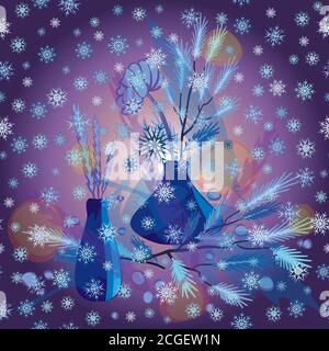 Winter Zusammensetzung der Pflanzen in einer Vase mit Schneeflocken. Nahtloses Muster. Stock Vektor