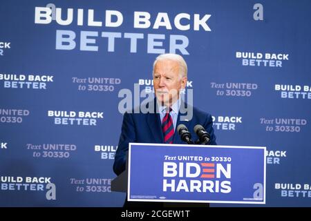 WILMINGTON, PA, USA - 04. September 2020 - der demokratische US-Präsidentschaftskandidat Joe Biden bei einer Pressekonferenz zum Thema "der Zustand der US-Wirtschaft und Job Stockfoto