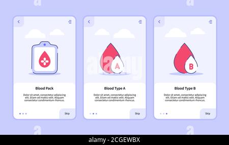Medical Icon Blutpackung Blutgruppe Typ A Typ B Onboarding Bildschirm für mobile Apps Vorlage Bannerseite UI mit drei Variationen moderner flacher Outline Stil Stock Vektor
