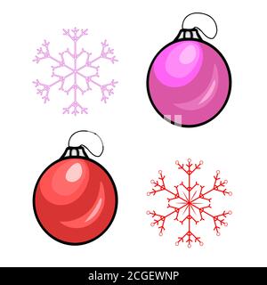 Setzen sie weihnachtskugeln und Schneeflocken isoliert auf weißem Hintergrund. Weihnachtliche Ornamente im flachen Stil. Weihnachtsbaum Spielzeug. Vektorgrafik für Aktien Stock Vektor