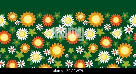 Vektor bunte dunkelgrün texturierte Sonnenblumen und Gänseblümchen Stift Skizze horizontalen Rand Muster. Geeignet für Textil, Geschenkpapier und Tapeten. Stock Vektor