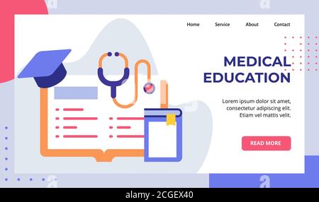Medizinische Ausbildung Buch lernen Literatur Stethoskop hat Graduate Kampagne für Web-Website Startseite Landing Page Vorlage Banner mit modernen Flach Stock Vektor