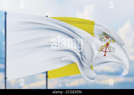 Weiße Flagge auf Fahnenmast winkt im Wind und Flagge der Vatikanstadt. Nahaufnahme, 3D-Illustration. Stockfoto