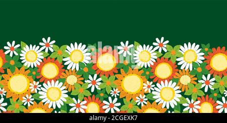 Vektor bunte überlappende texturierte Sonnenblumen und Gänseblümchen Stift Skizze horizontalen Rand Muster. Geeignet für Grußkarten, Poster und Banner. Stock Vektor