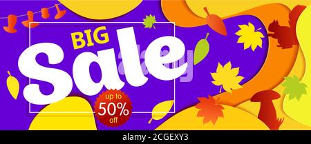 Bright Banner Herbst Verkauf mit Blättern und Silhouette Eichhörnchen. In gelben Rottönen auf violettem Hintergrund. Vektor-Illustrationen, Papierkunst und digitale Handwerk Stil. Stock Vektor