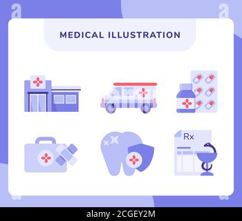 Medical Icon Set Sammlung Krankenhaus Krankenwagen Droge erste Hilfe Zahnarzt Rezept mit flachen Stil. Stock Vektor