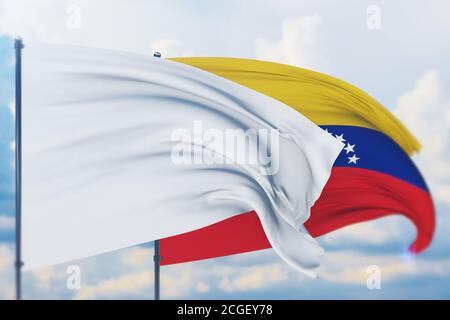 Weiße Flagge auf Fahnenmast winkt im Wind und Flagge Venezuelas. Nahaufnahme, 3D-Illustration. Stockfoto