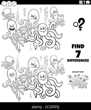 Schwarz-Weiß-Cartoon Illustration der Suche nach Unterschieden zwischen Bildern Lernspiel für Kinder mit Comic-Octopus-Zeichen Malbuch Stock Vektor