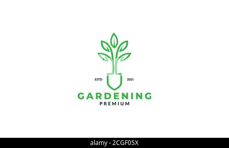 Schaufel und Pflanze Blatt Blume Garten Linie Logo Design Landwirtschaft Stock Vektor