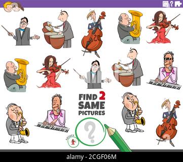 Cartoon Illustration der Suche nach zwei gleichen Bilder pädagogische Aufgabe für Kinder mit Musikern Charaktere Stock Vektor