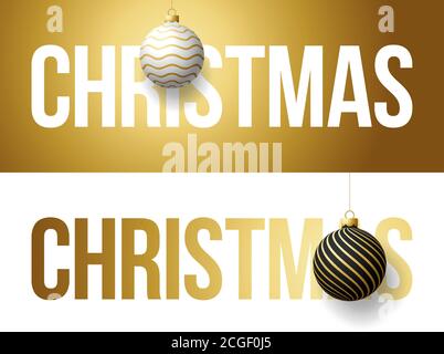 Luxus trendige Gold Typografie Weihnachten auf einem Hintergrund mit Weihnachtskugel. Typografie mit realistischem 3d-Baumspielzeug für die Gestaltung von Flyern, Broschüren, lea Stock Vektor