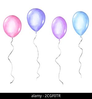 Set von bunten Aquarell glücklich Urlaub glänzend Helium Luft fliegenden Ballons auf weißem Hintergrund isoliert. Aquarell handgezeichnete festliche Illustration. Stock Vektor