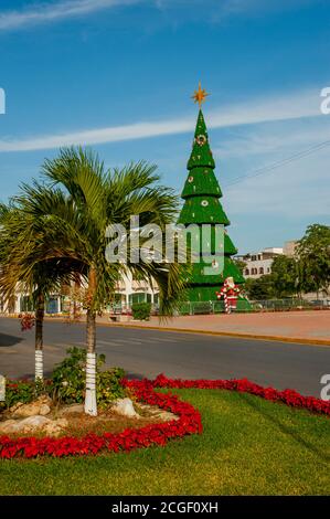 Der Stadtplatz mit Weihnachtsschmuck in Playa del Carmen an der Riviera Maya in der Nähe von Cancun im Bundesstaat Quintana Roo, Mexiko. Stockfoto