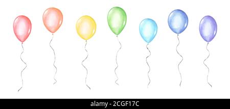 Set von bunten Regenbogen Farben Aquarell glücklich Urlaub glänzend Helium Luft fliegende Ballons auf weißem Hintergrund isoliert. Aquarell handgezeichnet festlich Stock Vektor