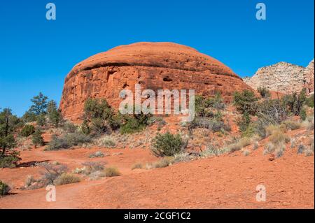 Landschaft mit einer interessanten Felsformation entlang des Wanderweges um Bell Rock und Courthouse Butte in Sedona, Arizona, USA. Stockfoto