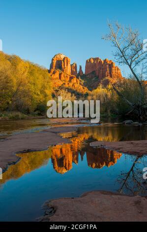 Cathedral Rock spiegelt sich im Wasser bei Red Rock Crossing (Oak Creek) in der Nähe von Sedona, Arizona, USA. Stockfoto