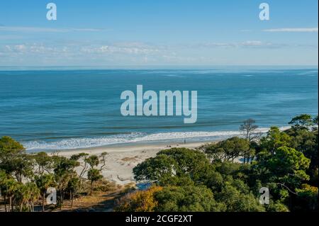 Blick vom Hunting Island Lighthouse, gelegen im Hunting Island State Park auf Hunting Island in der Nähe von Beaufort, South Carolina, USA. Stockfoto