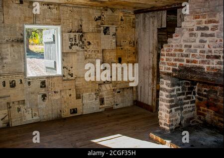 Das Innere einer Sklavenhütte mit Zeitungen, die als Tapete verwendet werden, in der Magnolia Plantation and Gardens bei Charleston in South Carolina, USA. Stockfoto