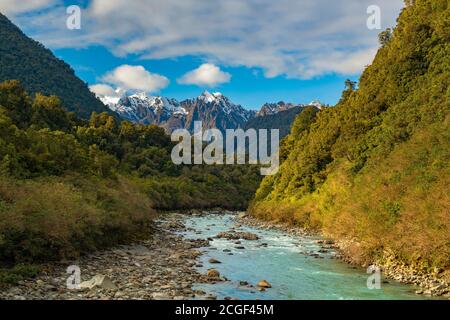 Tal und Bach mit türkisfarbenem Wasser am Fox Glacier in Neuseeland, wunderschöne Berg- und Bachaussichten. Stockfoto