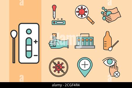 Coronavirus covid 19 Diagnostik Forschung, medizinische Geräte Test Probe Ergebnisse und Prävention Symbole Linie und füllen Vektor Illustration Stock Vektor