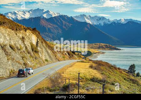 Spektakuläre Aussicht auf Peter's Lookout, mit Blick auf Mount Cook und Lake Pukaki in Neuseeland. Stockfoto