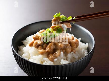 Natto auf Reis vor einem dunklen Holzhintergrund gesetzt ist Mit Essstäbchen angehoben Stockfoto