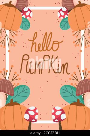 hallo Herbst Hand Schriftzug Phrase Kürbisse Pilze und Laub Banner vektorgrafik Stock Vektor