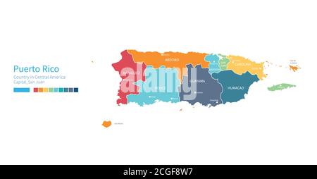 Puerto rico-Karte. Farbenfrohe detaillierte Vektorkarte des zentralamerikas, karibisches Land. Stock Vektor