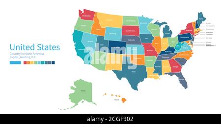 Karte der Vereinigten Staaten. Farbenfrohe detaillierte Vektorkarte des nordamerikanischen Landes. Stock Vektor