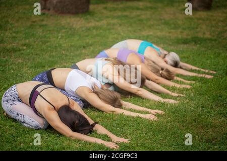 Zeit für Yoga. In der Nähe von attraktiven jungen Frauen trainieren und Sitzen in Yoga pose im Freien über grüne Natur Hintergrund, während die Ausgaben der Summ Stockfoto