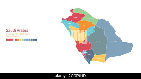 Saudi-Arabien-Karte. Farbenfrohe detaillierte Vektorkarte des Nahost-Landes. Stock Vektor