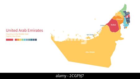 UIAE-Karte. Farbenfrohe detaillierte Vektorkarte des Nahost-Landes. Stock Vektor