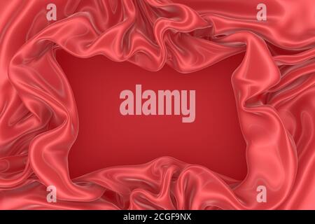 Abstrakt rot gewellter Satin- oder Seidenstoff mit Falten an den Seiten und einer glatten Oberfläche in der Mitte. 3d-Rendering-Bild. Bild auf weißem Hintergrund isoliert Stockfoto