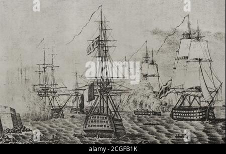 Guerra de la Independencia Española. Entre el 8 y el 14 junio de 1808 tuvo lugar un combat naval en la Bahía de Cádiz entre la flota francesa, capitaneada por Rosily-Mesros, y la fuerza naval española comandada por Juan Ruiz de Apodaca, con victoria española. Rendición de la escuadra francesa de Rosily (14 de junio de 1808). La Armada Española capturó cinco navíos de línea, una fragata y un bergantín. Rendición surta en Cádiz. Ilustración por F. Pérez. Grabado. Historia del Levantamiento, Guerra y Revolución de España. Madrid, 1852. Stockfoto